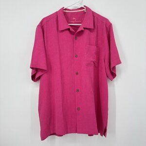 Tommy Bahama Tropic Isles Short Sleeve Hawaiian Camp Shirt Silk Pink Mens Size L